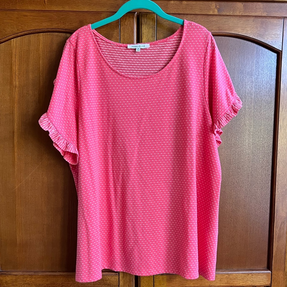 Rose + Olive Pink and White Dot Ruffle Sleeve Top